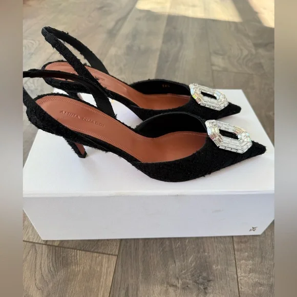 New Authentic Amina Muaddi Camelia 60mm Tweed Slingback Pump Size 38.5 - Picture 8 of 10